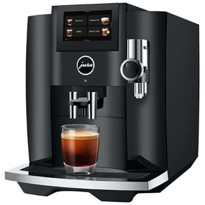 Reducere  RESIGILAT: Espressor automat Jura S8 Sweet Foam, Piano Black (EB), 1450W, 15 bar, sistem automat spumare lapte, 27 bauturi, rezervor apa 1.9l, recipient cafea 280g, Wi-fi Connect, meniu limba romana, capacitate preparare 5-16 gr, mentenanta automata, negru