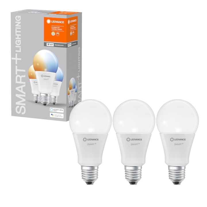 Reducere  RESIGILAT: Pachet 3 becuri inteligente LED LEDVANCE SMART WIFI, A100, 14W (100W), 1521 lm, dimabil, temperatura lumina reglabila (2700-6500K), compatibil amazon alexa/Google Assistant, clasa energetica F