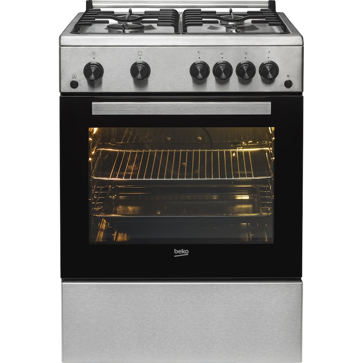 Reducere  RESIGILAT: Aragaz Beko FSGT62110DXO, 4 arzatoare, Gaz, Aprindere electrica plita/cuptor, Grill, Rotisor, High-Efficiency Gas Burner, Timer, 60 cm, Inox