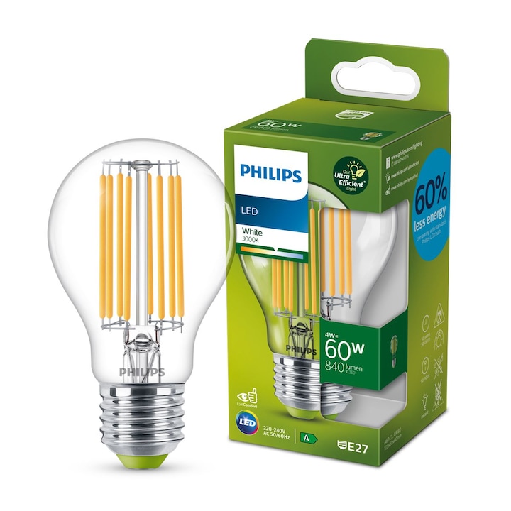 Reducere  RESIGILAT: Bec LED Philips A60, E27, 4W (60W), 840 lm, lumina alba calda (3000K), clasa energetica A