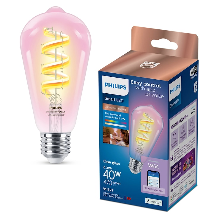 Reducere  RESIGILAT: Bec LED RGB inteligent Philips Smart ST64, Wi-Fi/Bluetooth, E27, 6.3W (40W), 470lm, lumina alba si colorata (2200-6500K), clasa energetica G, transparent