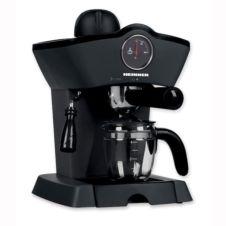 Reducere  RESIGILAT: Espressor manual Heinner Retro Effect HEM-200BK, 800W, 3.5bar, capacitate rezervor 0.24L, termometru frontal apa, optiuni preparare: espresso si cappuccino, Negru