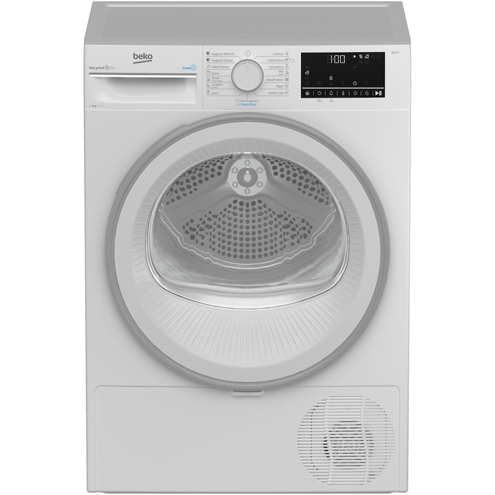 Reducere  RESIGILAT: Uscator de rufe Beko B3T42242, Pompa de caldura, 8 kg, 15 programe, Clasa A+++, RecycledDry, Motor ProSmart™ Inverter, OptiSense, Aquawave®, Alb