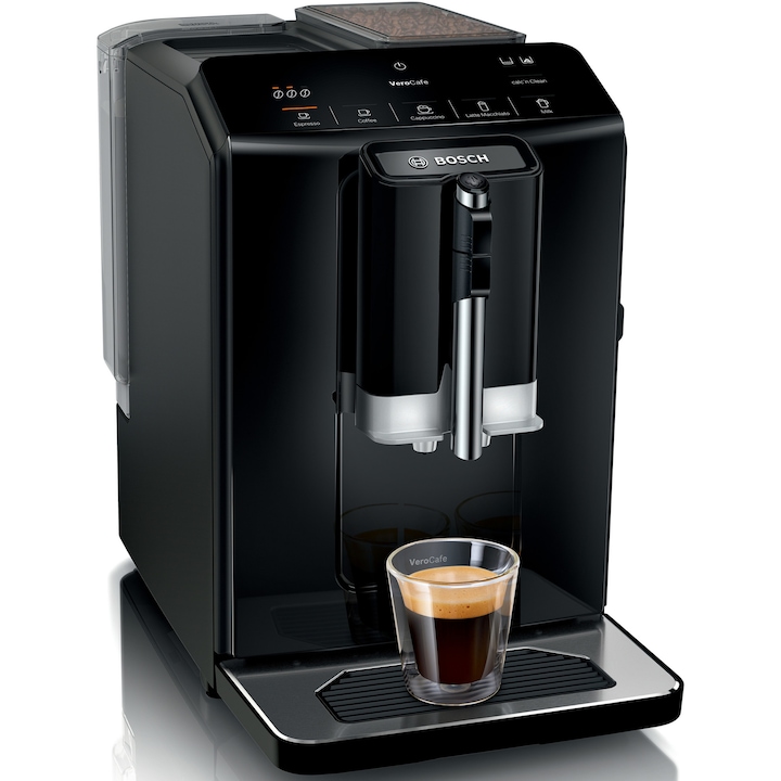 Reducere  RESIGILAT: Espressor automat Bosch VeroCafe TIE20119, 1300 W max, 15 bari, 1,4 l, rasnita ceramica, dispozitiv spumare lapte MilkMagic Pro, cu sistem SensoFlow System, Negru