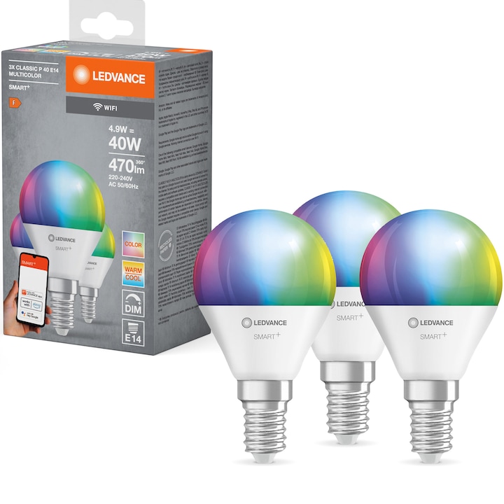 Reducere  RESIGILAT: Set 3 becuri inteligente LED RGBW Ledvance SMART+ Wi-Fi, P40, E14, 4.9W (40W), 470 lm, dimabil, lumina alba si colorata, compatibil Amazon Alexa/Google Assistant, clasa energetica F