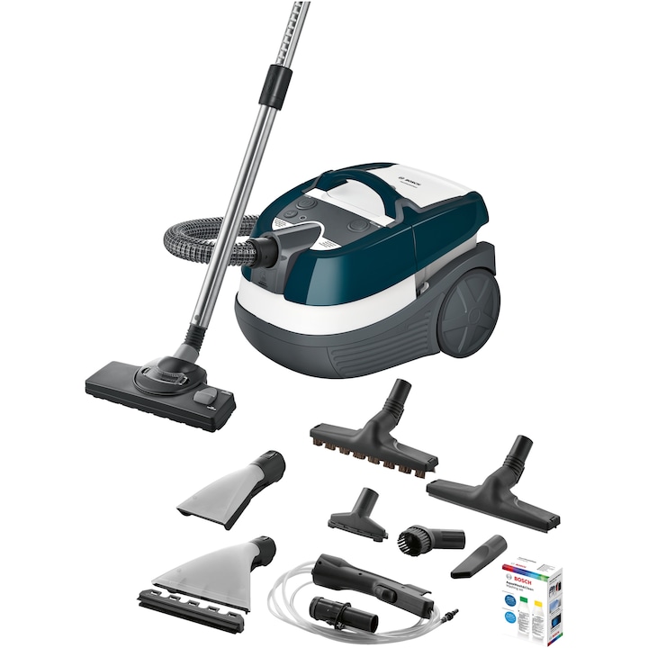 Reducere  RESIGILAT: Aspirator cu spalare Bosch BWD41720, 1700 W, 5 L, Filtru Epa, Perie Parchet, Alb/Turcoaz