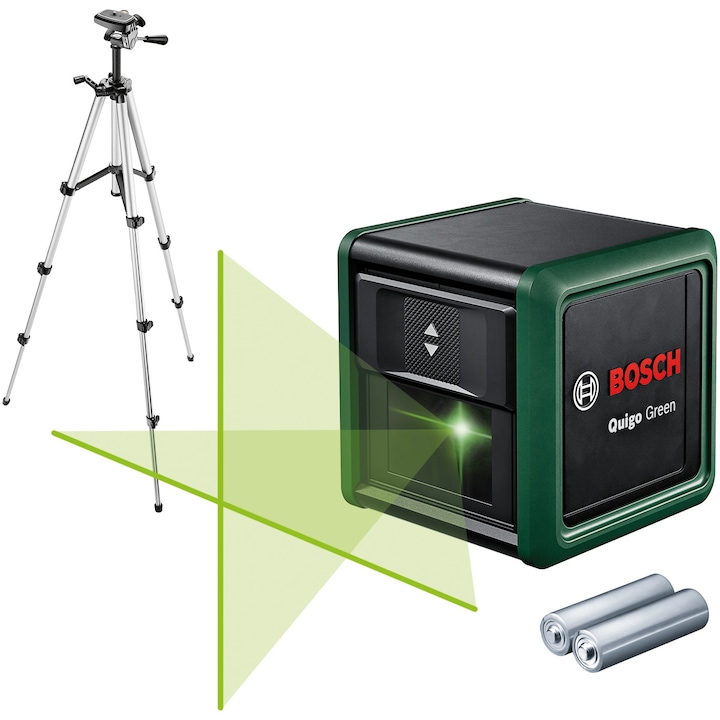 Reducere  RESIGILAT: Nivela cu laser Bosch Quigo Green Set 0603663CZ1, 12 m domeniu lucru, 500-540 nm dioda laser, ± 0.6 mm/m precizie, ±4° autonivelare, 1/4″ filet stativ, 2 baterii 1.5 V), sistem prindere universal MM2, adaptor montare, stativ aluminiu telescopic