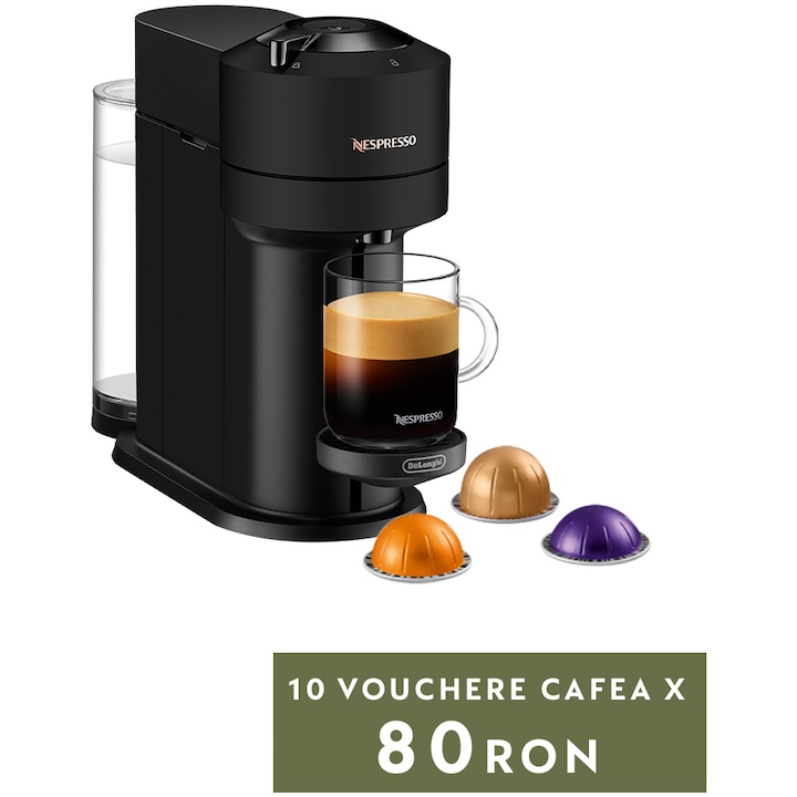 Reducere  RESIGILAT: Espressor Nespresso by De’Longhi ENV120.BM Vertuo Next, 1500W, Extractie prin Centrifuzie, Conectare la telefon, Negru Mat , set capsule degustare inclus