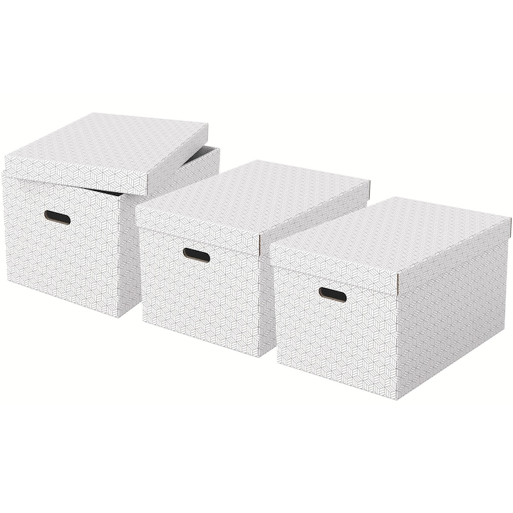 Reducere  RESIGILAT: Set 3 cutii depozitare Esselte Home Recycled, carton, 51x35x30 cm, cu capac, alb