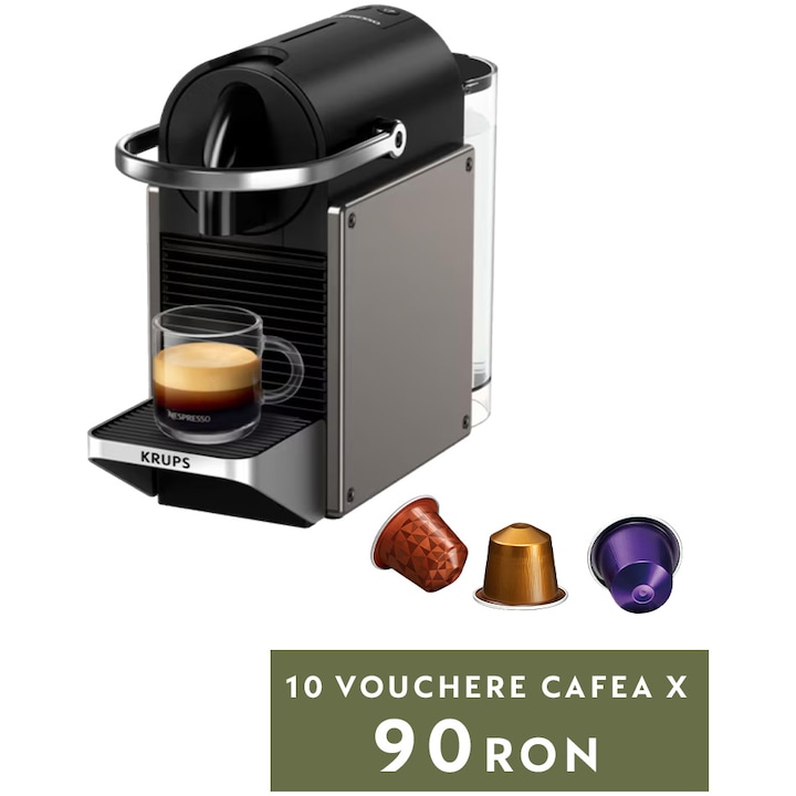 Reducere  RESIGILAT: Espressor Nespresso Krups Pixie Titan XN306T10, 1260W, 19 bari, 0.7L, functie oprire automata, negru & gri, + set capsule degustare