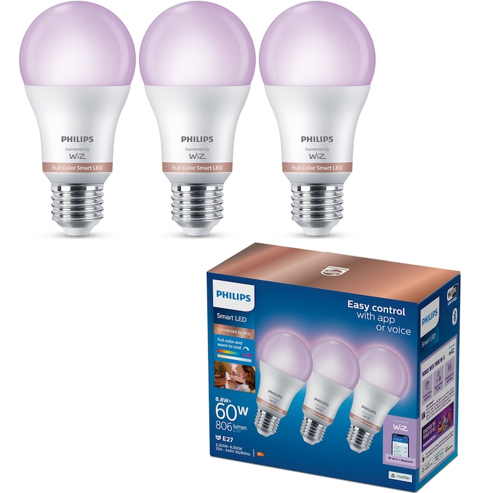 Reducere  RESIGILAT: Pachet 3 becuri LED RGB inteligente Philips Smart A60, Wi-Fi/Bluetooth, E27, 8.5W (60W), lumina alba si colorata (2200-6500K), clasa energetica F