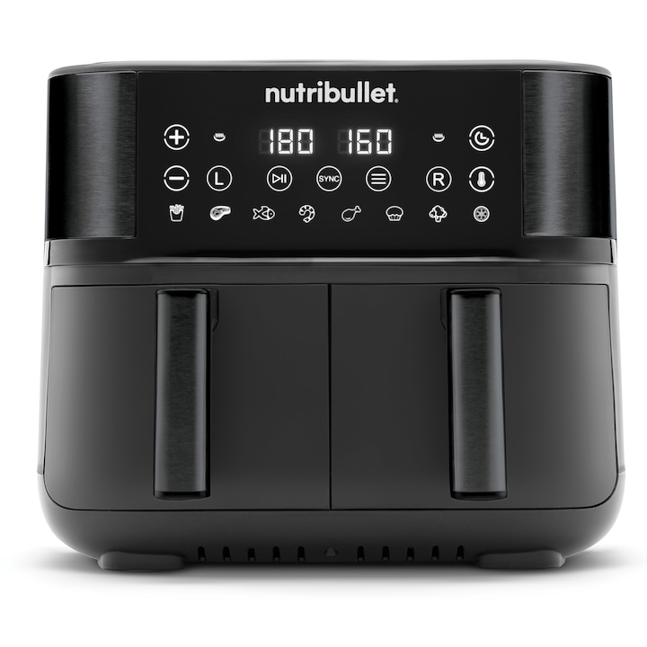 Reducere  RESIGILAT: Friteuza dubla fara ulei Nutribullet Twin Drawer Air Fryer NBA081B, 2850 W, 2 sertare x 4L, 8 programe presetate, Afisaj digital, Negru