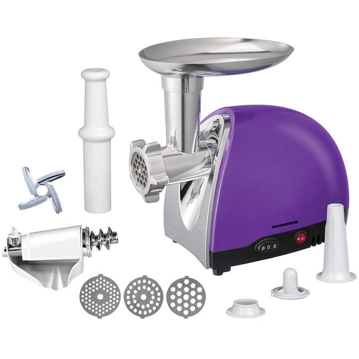 Reducere  RESIGILAT: Masina de tocat Heinner MG1600TA-UV, 1600 W, accesoriu rosii si carnati, 3 site de taiere, cutit inox, Violet