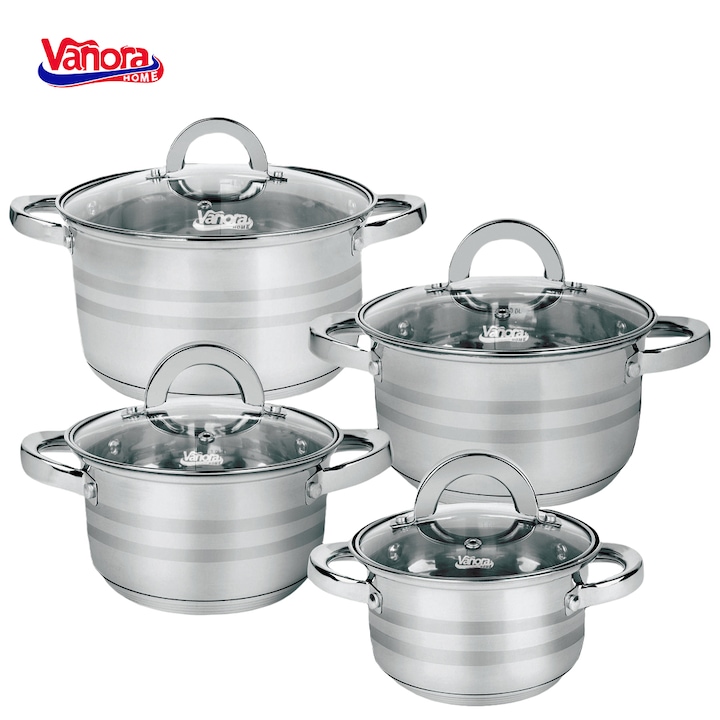 Reducere  RESIGILAT: Set de oale pentru gatit Vanora Home Medina, 8 piese, inox, inductie, 16/18/22/24 cm, 1.8/2.5/4.5/6 L