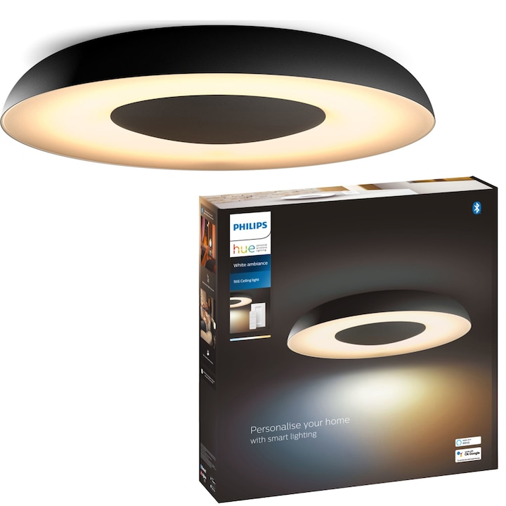 Reducere  RESIGILAT: Plafoniera LED inteligenta Philips Hue Still, Bluetooth, Zigbee Light Link, cu intrerupator inclus, 22.5W (204W), 2500 lm, lumina ambianta alba (2200-6500K), IP20, metal/plastic, 39.1 cm, Negru, clasa energetica F