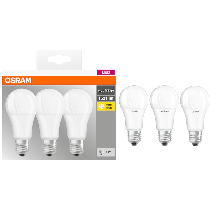 Reducere  RESIGILAT: Set 3 becuri LED Osram Base Classic A100, E27, 13W (100W), 1521 lm, lumina calda (2700K), clasa energetica F