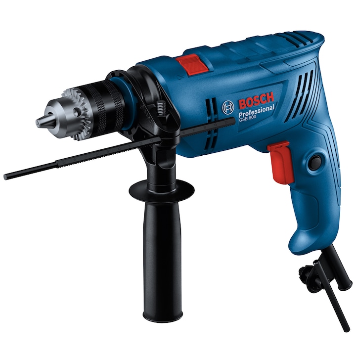 Reducere  RESIGILAT: Masina de gaurit si insurubat (bormasina) cu percutie Bosch Professional GSB 600 06011A0321, 600 W, 3000 RPM, 48.000 percutii/min, mandrina metalica 13mm