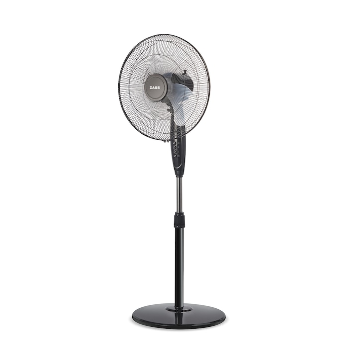 Reducere  RESIGILAT: Ventilator cu picior Zass ZF 1606, 45 W, Motor cu bobinaj din cupru, 3 trepte de viteza, Oscilatie 90° dreapta-stanga, Inaltime reglabila, 4 comutatoare frontale, Maner integrat, Negru