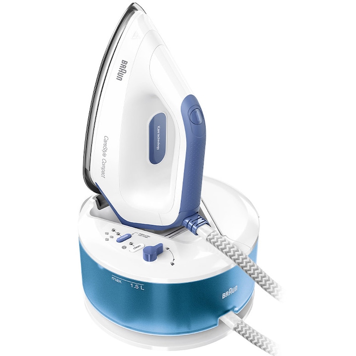 Reducere  RESIGILAT: Statie de calcat Braun CareStyle Compact IS2143BL, 2400W, 6 bari, abur variabil 125g/min, jet de abur 420g/min, rezervor 1.5L, talpa EloxalPlus, Alb/Albastru