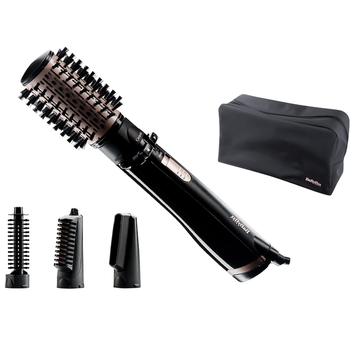 Reducere  RESIGILAT: Perie rotativa BaByliss AS200E, 1000W, Ionizare, Perie 50 mm ceramica, 4 Accesorii, 2 Setari temperatura/viteza, Cool-Shot, geanta depozitare, Negru