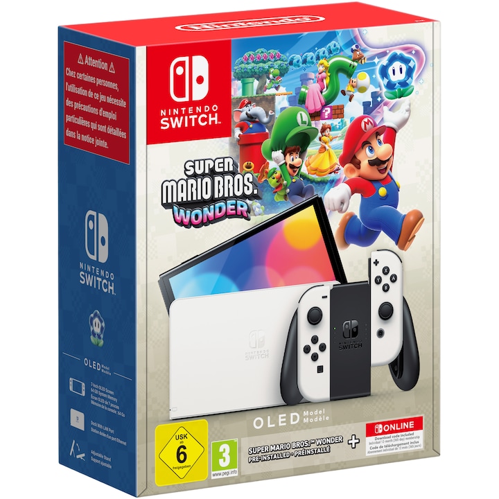 Reducere  RESIGILAT: Consola Nintendo Switch OLED, White + Joc Super Mario Bros Wonder + 12 luni abonament Nintendo Switch Online