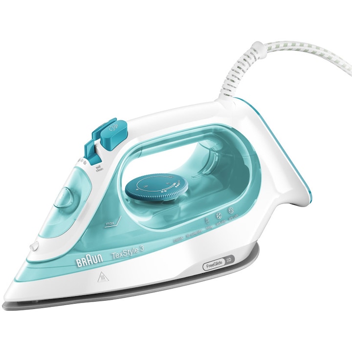 Reducere  RESIGILAT: Fier de calcat Braun TexStyle 3 SI3041GR, 2350 W, abur variabil 45g/min, jet de abur 150g/min, rezervor 270 ml, tehnologie FreeGlide 3D, talpa Super Ceramic, Alb/Verde