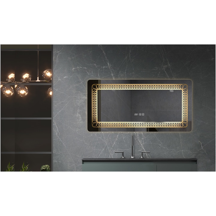 Reducere  RESIGILAT: Oglinda baie Belform Atlantis, cu iluminare LED 3 culori, intrerupator Touch, ceas, functie dezaburire, 120×60 cm, clasa energetica F