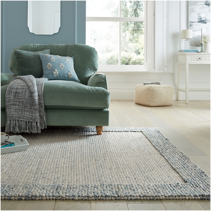 Reducere  RESIGILAT: Covor dreptunghiular Flair Rugs Bobble Wool Border, 200 x 290 cm, 2000 g/m², 78% Lana, 22% Poliester, Albastru