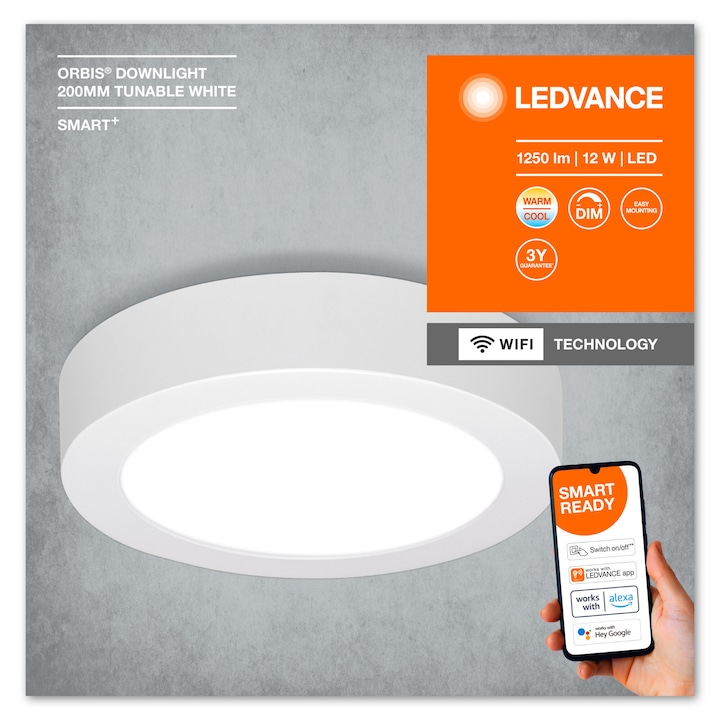 Reducere  RESIGILAT: Plafoniera LED inteligenta Ledvance Orbis, Wi-Fi, 12W, 900 lm, temperatura lumina reglabila, control vocal, IP20, 200 mm, Alb, Clasa energetica F