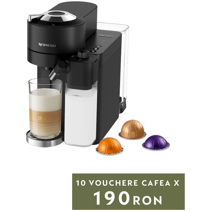 Reducere  RESIGILAT: Espressor Nespresso by DeLonghi Vertuo Lattissima ENV300B , 1500 W, 1.5 L, Negru, set capsule degustare inclus