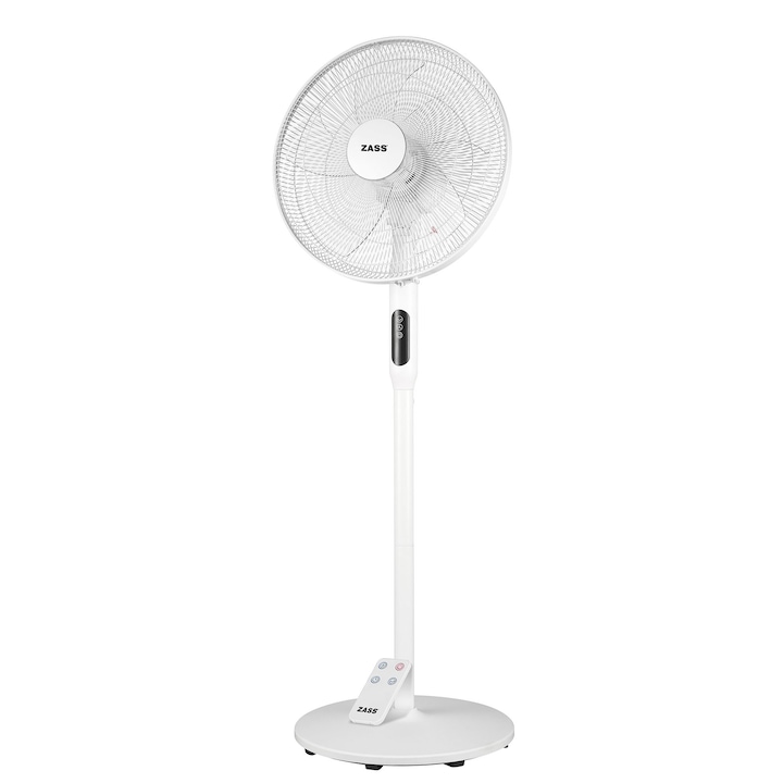 Reducere  RESIGILAT: Ventilator cu picior Zass ZFTRA 1608, 55 W, 3 trepte viteza, Oscilatie 90°, Silentios, Temporizator, Panou control soft touch, 3 moduri de ventilare, Inaltime ajustabila, Telecomanda, Alb