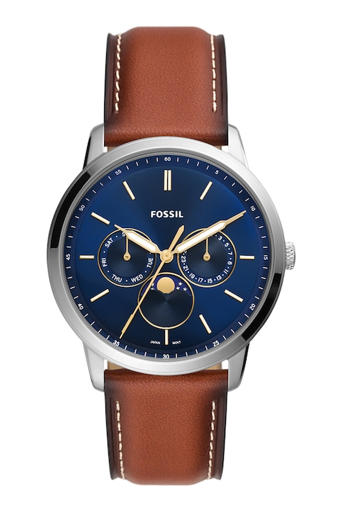 Reducere  RESIGILAT: Fossil – Ceas quartz cu o curea din piele, Argintiu, Maro coniac