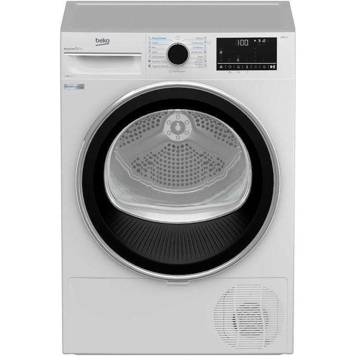 Reducere  RESIGILAT: Uscator de rufe Beko B5T68243, Pompa de caldura, 8 kg, 15 programe, Clasa A+++, Eco Gentle, Optisense, Aquawave, IronFinish, Alb