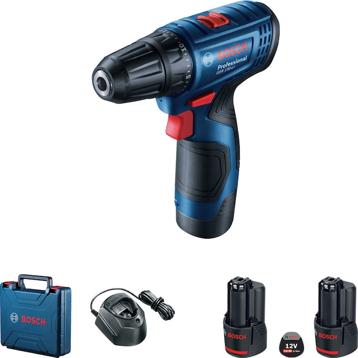 Reducere  RESIGILAT: Masina de gaurit si insurubat (bormasina) pe acumulator Bosch Professional GSR 120-Li, 12 V, 1500 RPM, 14-30 Nm, 2 acumulatori 2 Ah, incarcator, valiza profesionala