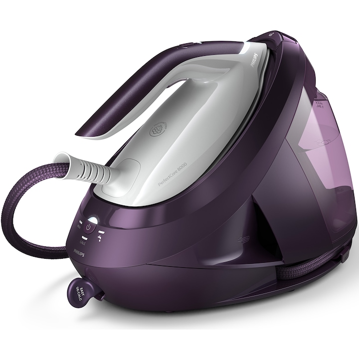 Reducere  RESIGILAT: Statie de calcat cu abur Philips seria 8000 PSG8050/30, 2700W, 8 bari, jet de abur continuu 170g/min, jet de abur 600g abur, Talpa SteamGlide Elite, blocare de siguranta, functie Easy-Decalc Plus, tehnologia ActiveSense si DynamIQ