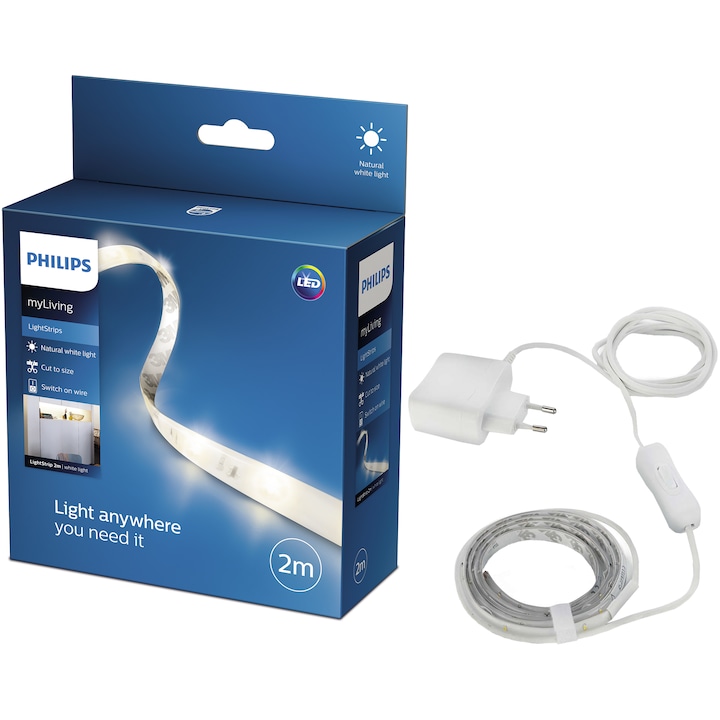 Reducere  RESIGILAT: Banda LED Philips myLiving, comutator pe fir, 4.5W (32W), 350 lm, lumina alba calda, 2 m