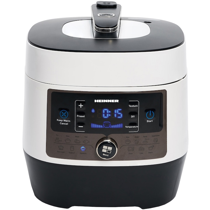 Reducere  RESIGILAT: Multicooker cu gatire la presiune Heinner HPCK-6WH, 4.5 L, 14 programe, vas antiadeziv detasabil, Timer, presiune reglabila, display LED, Alb