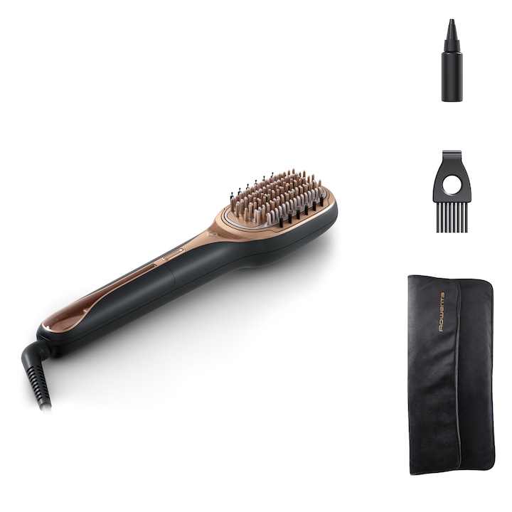 Reducere  RESIGILAT: Perie reparatoare cu abur Rowenta Hair Therapist™ CF9940F0, 165 W, timp incalzire 60 secunde, tehnologie Thermal Care, peri naturali, invelis Keratin, oprire automata, afisaj LED, geanta pentru transport, negru/maro