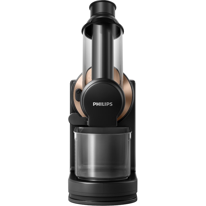 Reducere  RESIGILAT: Storcator de fructe si legume prin presare la rece Philips Viva Collection HR1888/70, 150 W, capacitate vas 1 l, Recipient pulpa 0.75 l, Tub de alimentare 70 mm, Negru/Auriu