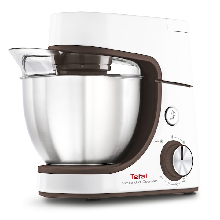 Reducere  RESIGILAT: Robot de bucatarie Tefal MasterChef Gourmet Baking with Kids QB51K138, 1100W, 8 trepte de viteza, functie Pulse, bol inox 4.6L, set de patiserie, husa depozitare, alb