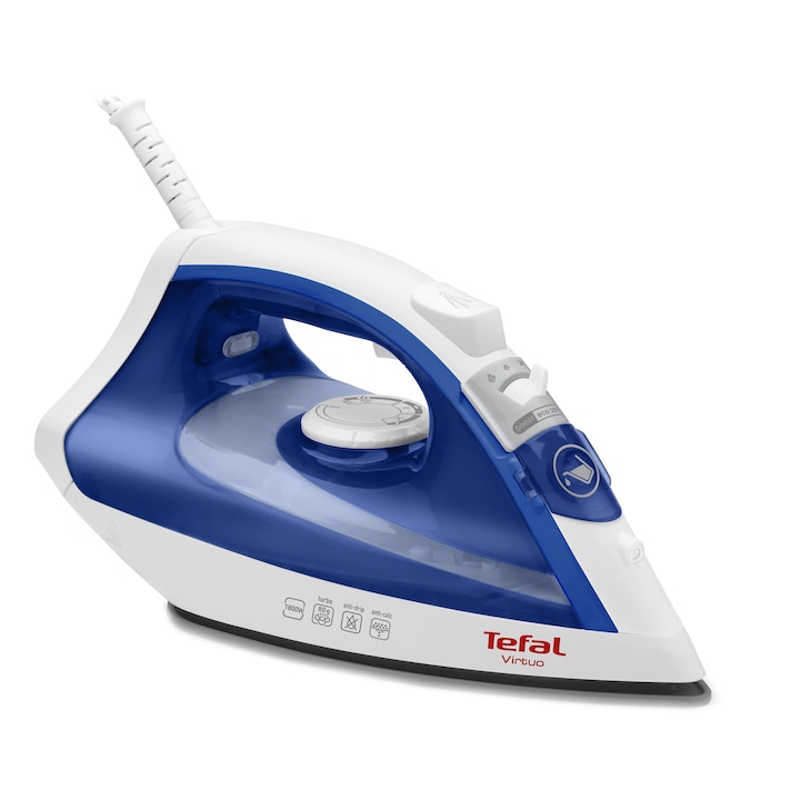 Reducere  RESIGILAT: Fier de calcat Tefal Virtuo FV1711E0, 1800W, jet de abur 80 g/ min, abur variabil 0-24 g/ min, rezervor apa 200 ml, functie anticalcar, sistem antipicurare, albastru