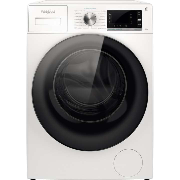 Reducere  RESIGILAT: Masina de spalat rufe Whirlpool Supreme Silence W6W945WBEE, 9 kg, 1400 rpm, Clasa B, Al 6-lea Simt, Motor Zen Direct Drive, FreshCare+, Steam Refresh, Steam Hygiene, Display LCD, Alb