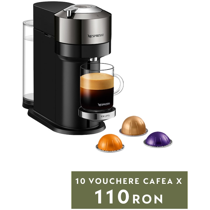 Reducere  RESIGILAT: Espressor Nespresso by Krups Vertuo Next Deluxe XN910C10, 1500W, 19 Bar, Centrifusion™, Conectare la telefon, 1.1L, Dark chrome, + set capsule degustare