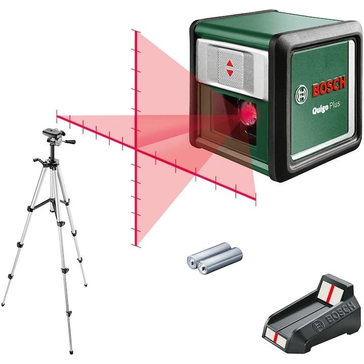 Reducere  RESIGILAT: Nivela cu laser Bosch Quigo Plus 06036636Z0, cu linii in cruce, 10 m domeniu lucru, +/- 0,8 mm/m precizie, ±4° autonivelare, 635 nm dioda laser, sistem de prindere universal MM2, accesorii incluse, stativ aluminiu telescopic 0,37 – 1,1m