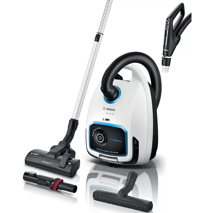 Reducere  RESIGILAT: Aspirator cu sac Bosch BGB6SIL1, filtru Hepa lavabil, Sistem ProSilence, Remote PowerControl, 700 W, perie multifunctionala, 27.8 kWh/an, Alb