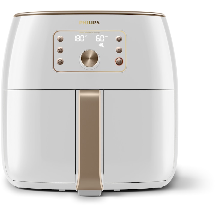 Reducere  RESIGILAT: Friteuza fara ulei Philips Airfryer Premium XXL, tehnologie Smart Sensing, programe Smart Chef automate, afisaj digital, capacitate 7.3 L, tehnologie Rapid Air, tehnologie de eliminare a grasimii, functie de pastrare la cald, culoare alb sampanie