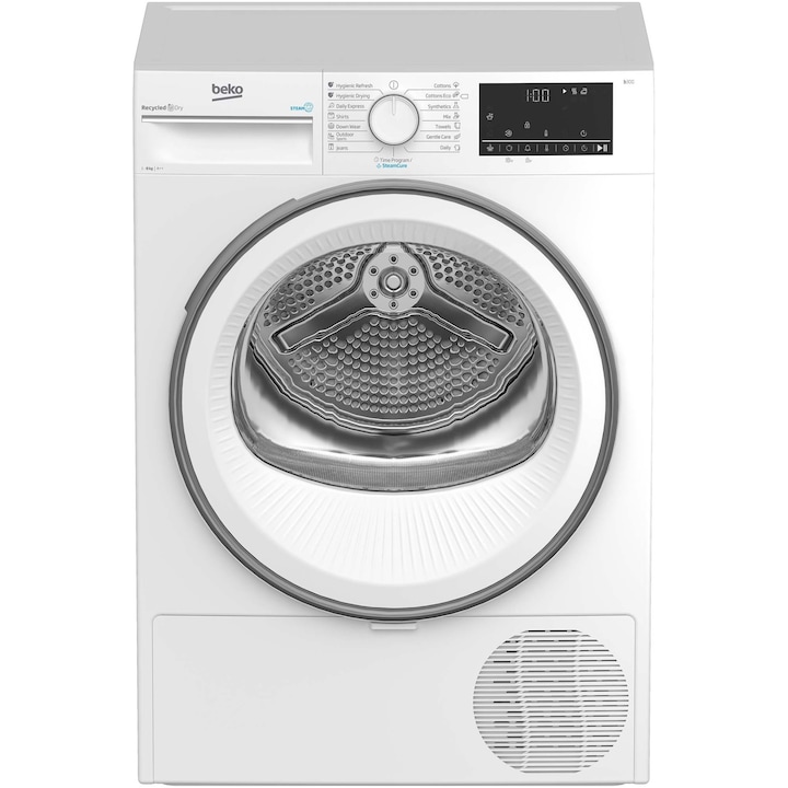 Reducere  RESIGILAT: Uscator de rufe Beko B3T68230, Pompa de caldura, 8 kg, 15 programe, Clasa A++, SteamCure, RecycledDry, EcoGentle, OptiSense, Aquawave, Alb