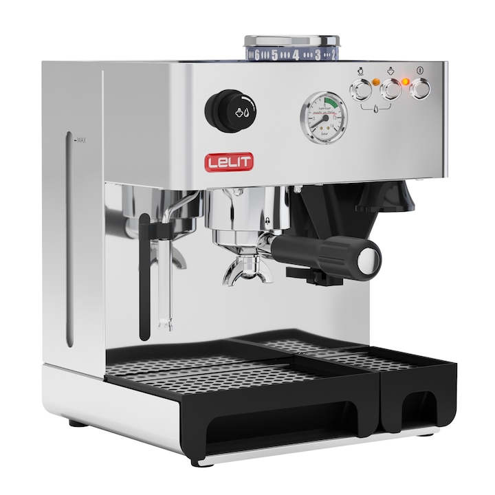 Reducere  RESIGILAT: Espressor manual cu manometru si rasnita Lelit PL 42 EM, 15 bar, corp din otel inoxidabil, 1000 W, 230V 50Hz – 120V 60Hz, Negru/Argintiu