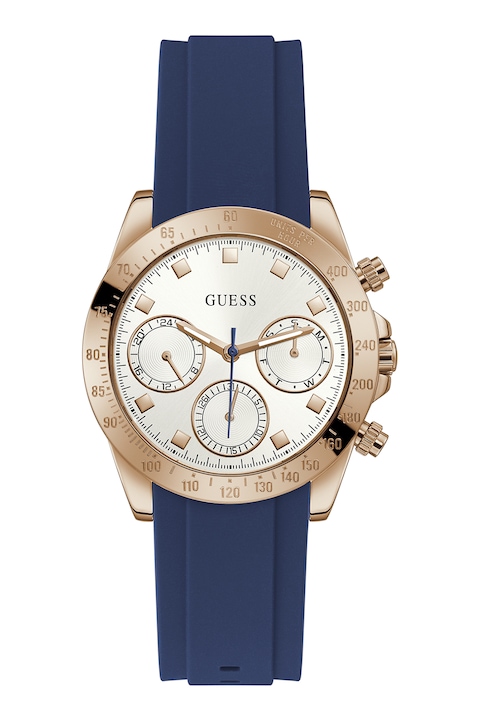 Reducere  RESIGILAT: GUESS – Ceas cu functii multiple si curea de silicon, Auriu rose/bleumarin