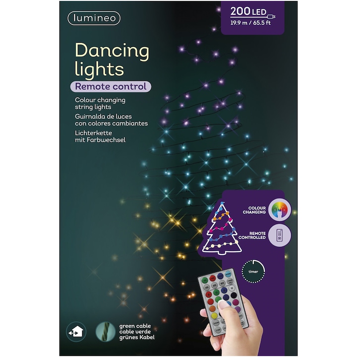 Reducere  RESIGILAT: Instalatie luminoasa 200 LED Dancing Lights Lumineo, 1990 cm, multicolor, cu telecomanda, cablu verde inchis, protectie IP44, utilizare interior/exterior